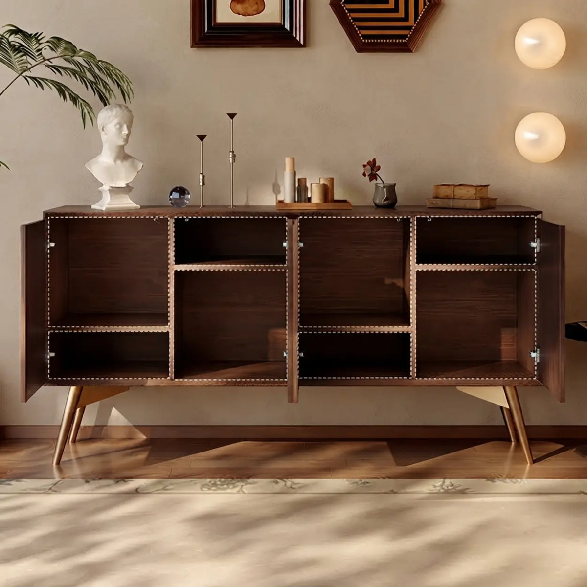 Walnut 4-Door Sideboard Cabinet with Storage and Metal Legs Image - 2