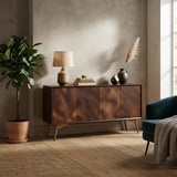 Walnut 55.1" L x 15.7" W x 31.5" H Walnut 4-Door Sideboard Cabinet with Storage and Metal Legs Image - 6
