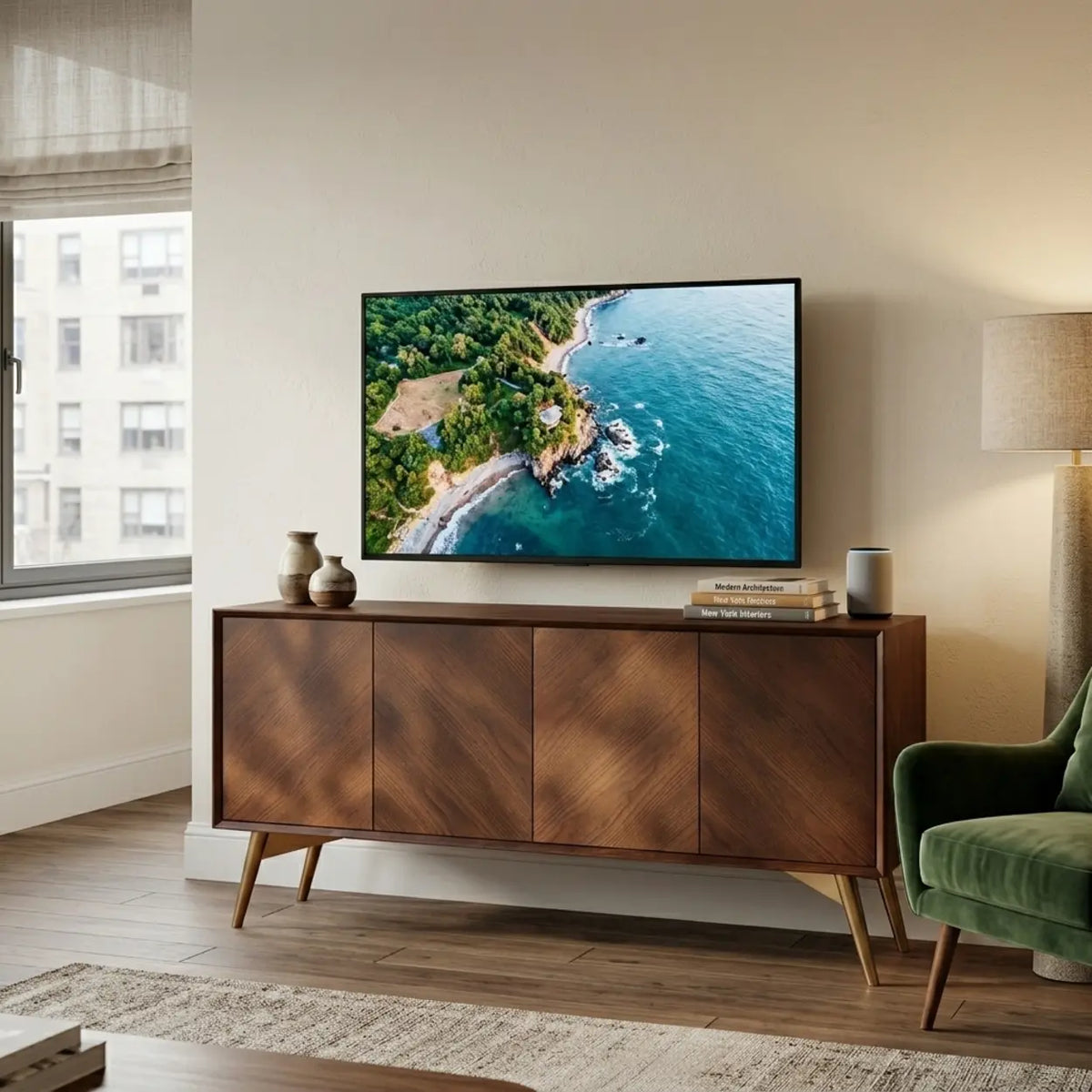 Walnut 4-Door Sideboard Cabinet with Storage and Metal Legs Image - 8