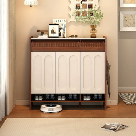 Walnut and White Shoe Storage Cabinet with Drawers and Adjustable Shelves Image - 1