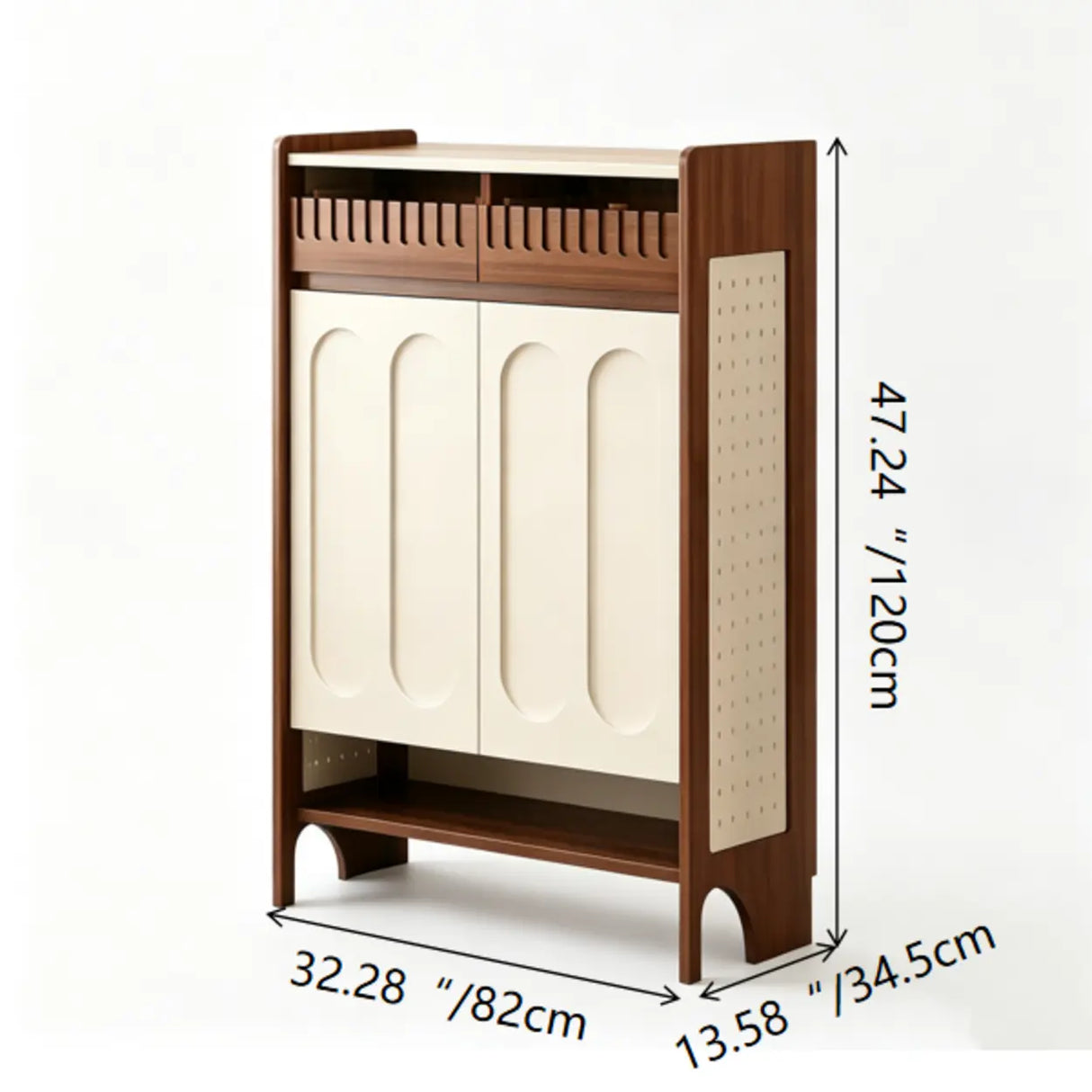 Walnut and White Shoe Storage Cabinet with Drawers and Adjustable Shelves 