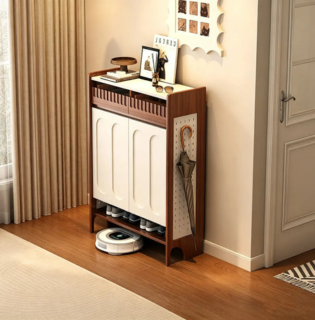 Walnut and White Shoe Storage Cabinet with Drawers and Adjustable Shelves Image - 2