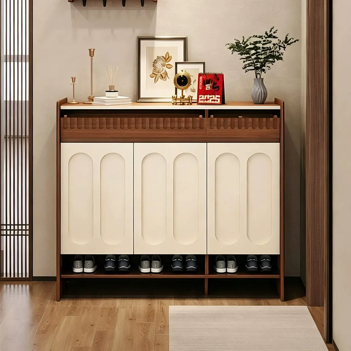 Walnut and White Shoe Storage Cabinet with Drawers and Adjustable Shelves Image - 3