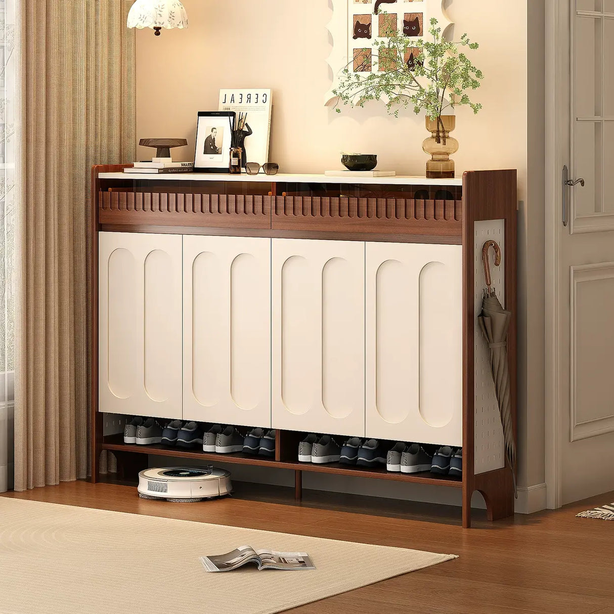 Walnut and White Shoe Storage Cabinet with Drawers and Adjustable Shelves Image - 4