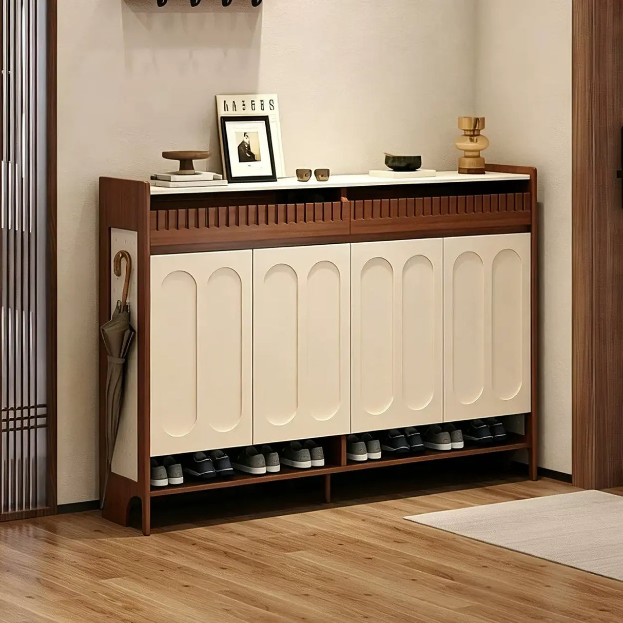 Walnut and White Shoe Storage Cabinet with Drawers and Adjustable Shelves Image - 5