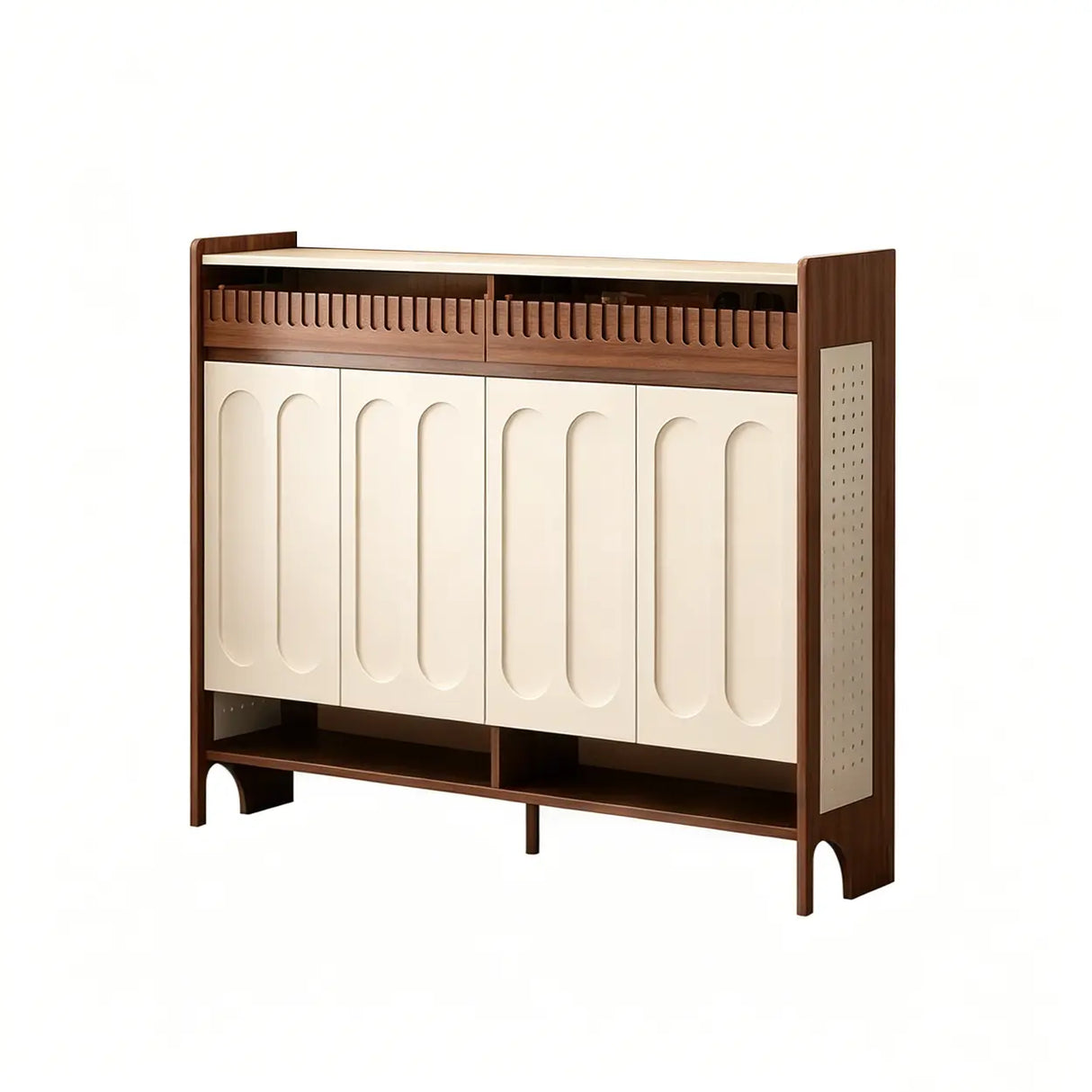 Walnut and White Shoe Storage Cabinet with Drawers and Adjustable Shelves Image - 7