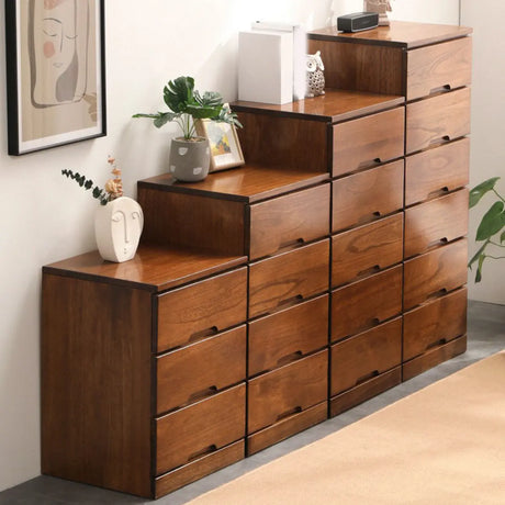 Walnut Finish Wood Step Design Chest with Drawers Image - 1