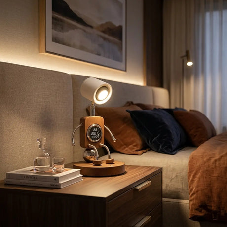 Walnut LED Table Lamp with Digital Clock and Temperature Display Image - 2
