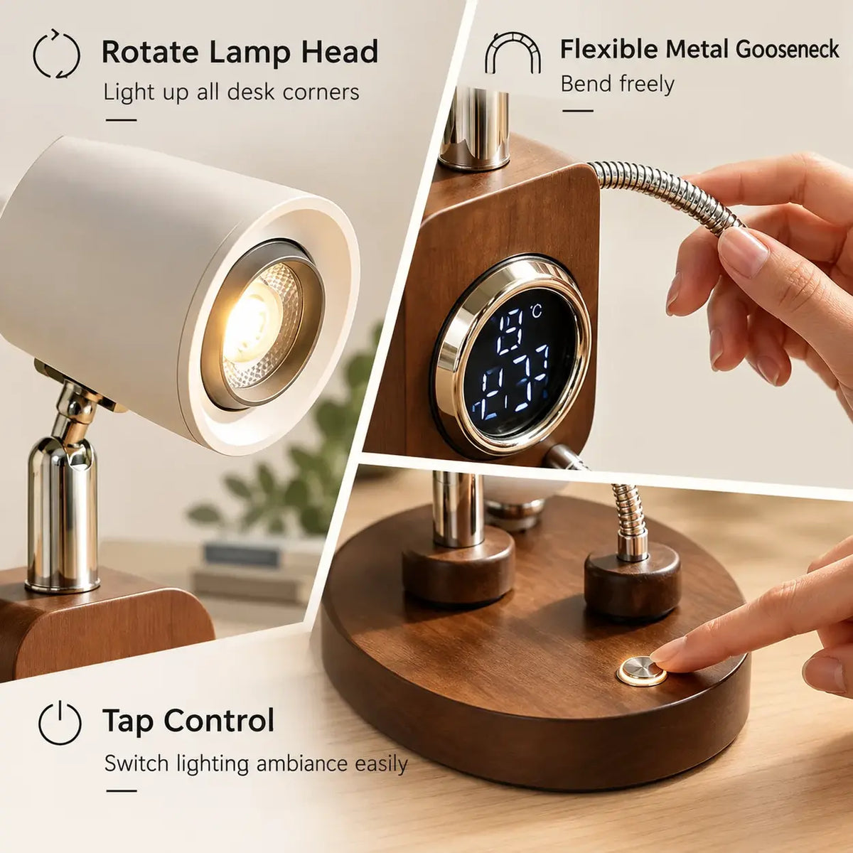 Walnut LED desk lamp with adjustable gooseneck, rotating lamp head, and touch control