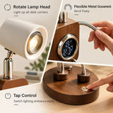 Walnut LED desk lamp with adjustable gooseneck, rotating lamp head, and touch control