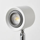Close-up of the LED light head on a walnut wood desk lamp