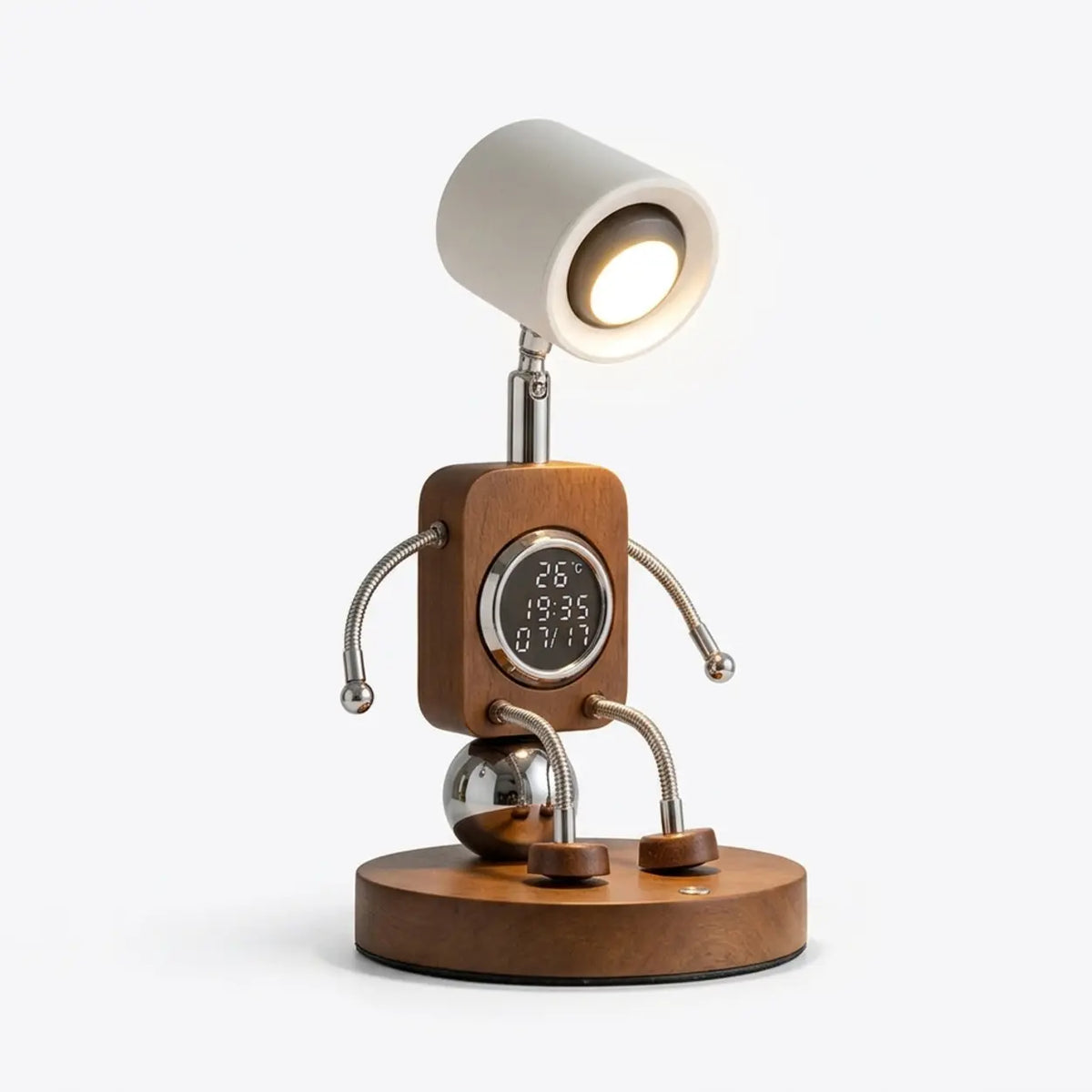 Walnut LED table lamp with digital clock shown from the front
