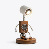 Walnut LED table lamp with digital clock shown from the front
