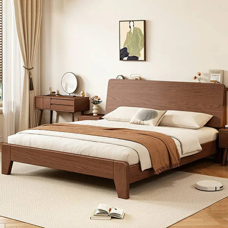 Walnut Queen Headboard Wooden Frame Panel Bed with Shelf Image - 1