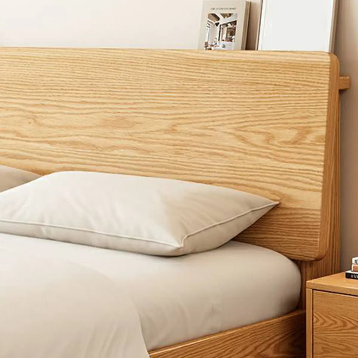 Walnut Queen Headboard Wooden Frame Panel Bed with Shelf Image - 10