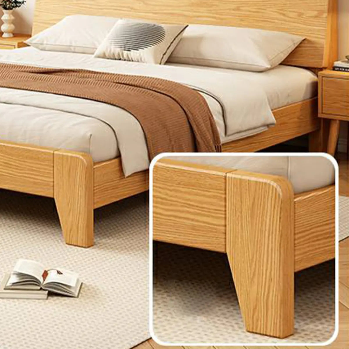 Walnut Queen Headboard Wooden Frame Panel Bed with Shelf Image - 13