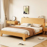 Walnut Queen Headboard Wooden Frame Panel Bed with Shelf Image - 4
