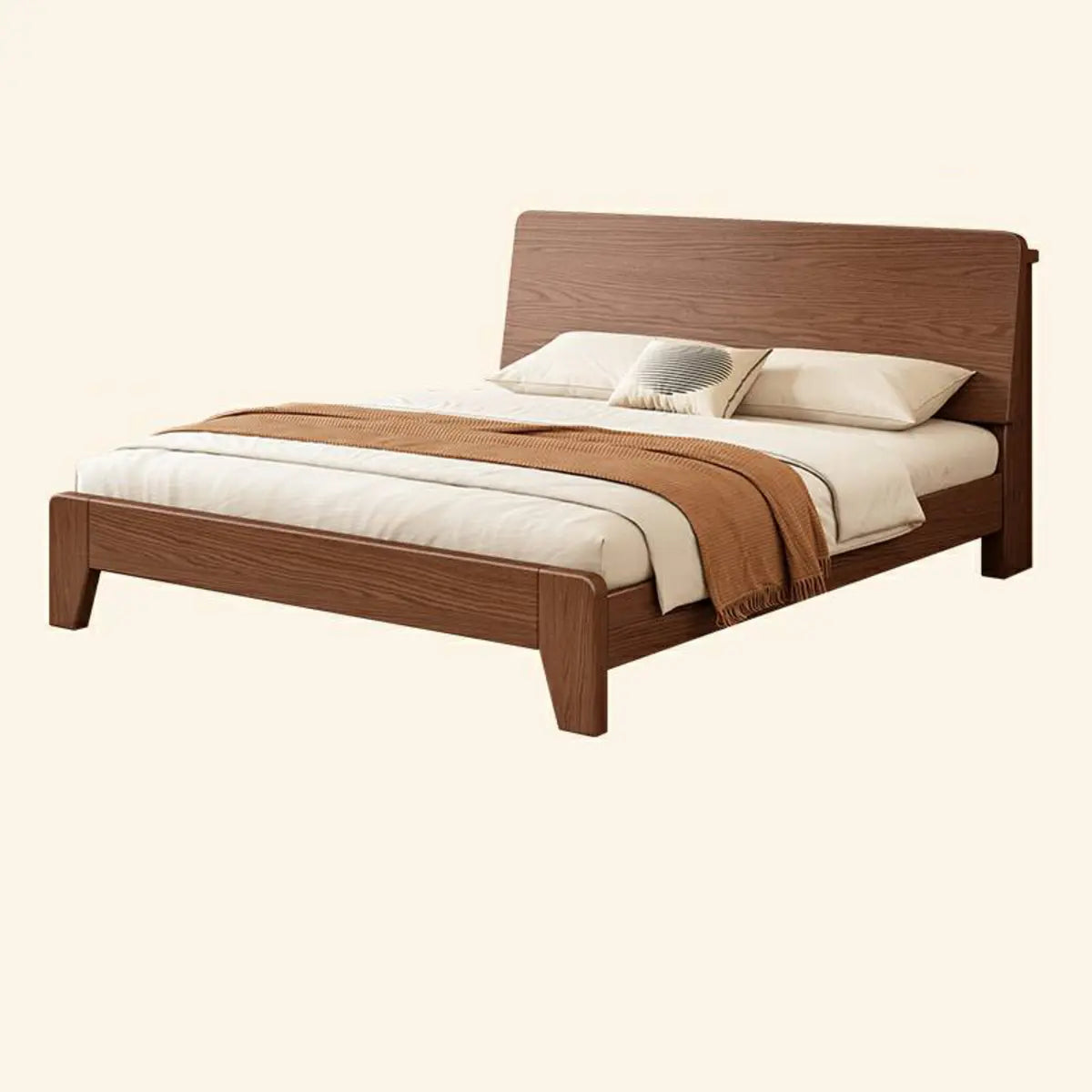 Walnut Queen Headboard Wooden Frame Panel Bed with Shelf Image - 5