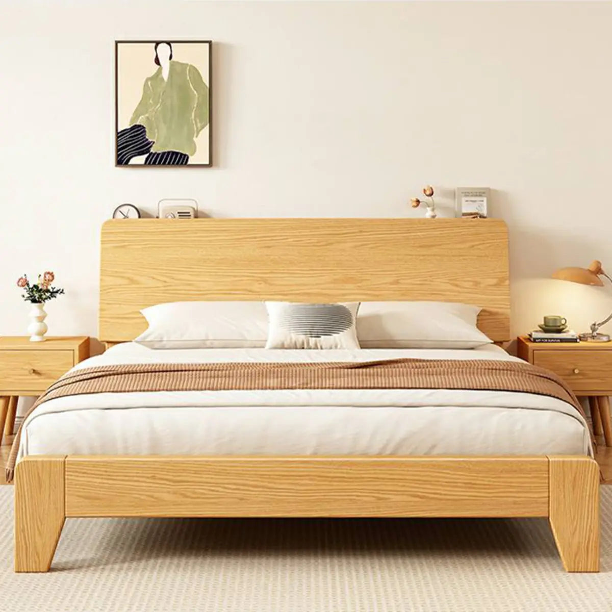 Walnut Queen Headboard Wooden Frame Panel Bed with Shelf Image - 6