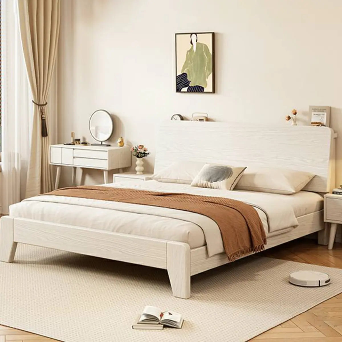 Walnut Queen Headboard Wooden Frame Panel Bed with Shelf Image - 7
