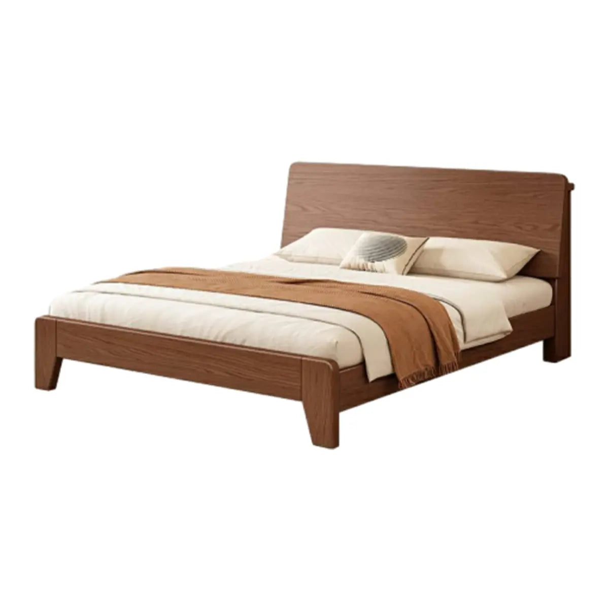 Walnut Queen Headboard Wooden Frame Panel Bed with Shelf Image - 8