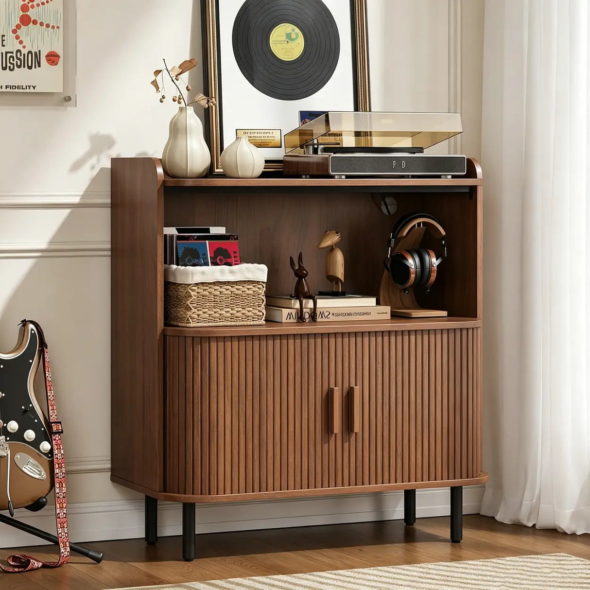 Walnut Record Player Stand with Vinyl Storage and Tambour Doors Image - 1