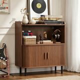 Walnut Record Player Stand with Vinyl Storage and Tambour Doors Image - 1