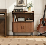 Walnut Record Player Stand with Vinyl Storage and Tambour Doors Image - 2