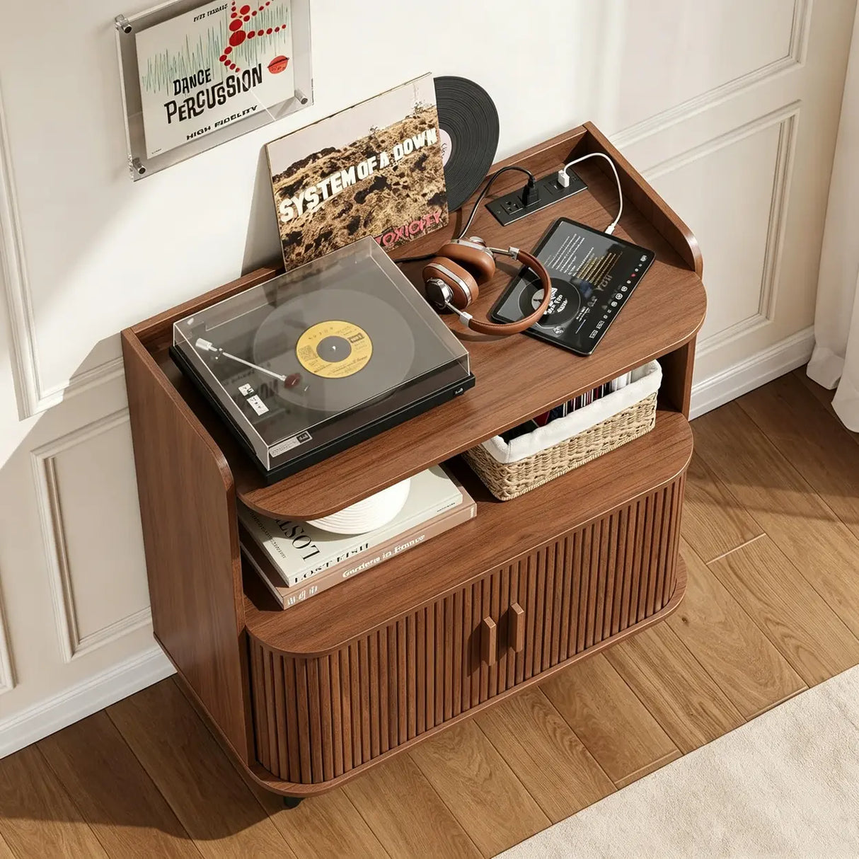 Walnut Record Player Stand with Vinyl Storage and Tambour Doors Image - 3