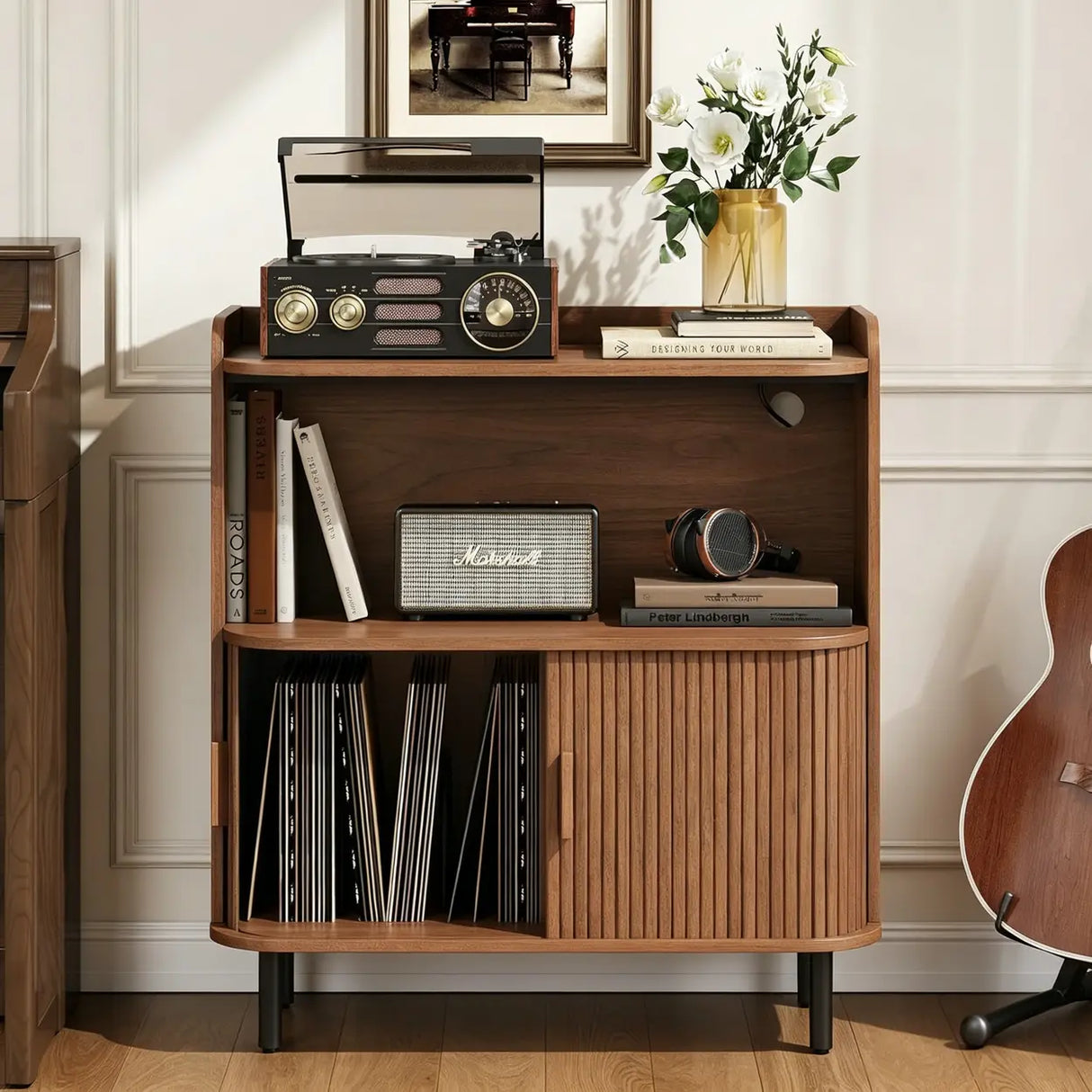 Walnut Record Player Stand with Vinyl Storage and Tambour Doors Image - 4