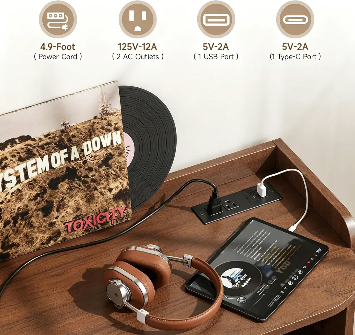 Walnut Record Player Stand with Vinyl Storage and Tambour Doors Image - 6