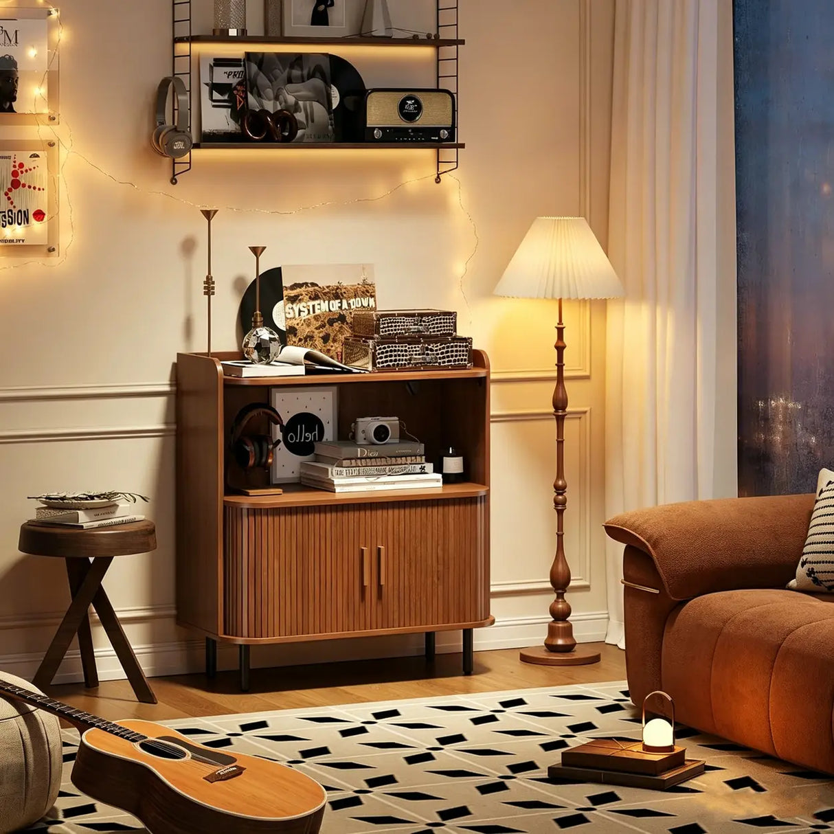 Walnut Record Player Stand with Vinyl Storage and Tambour Doors Image - 7
