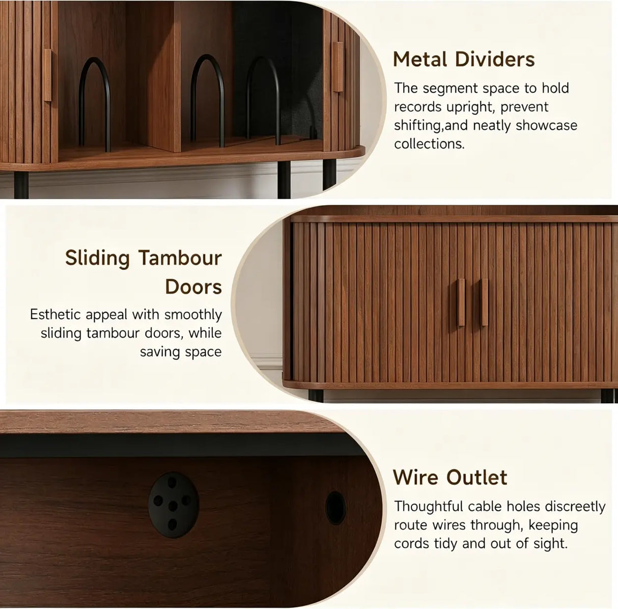 Walnut Record Player Stand with Vinyl Storage and Tambour Doors Image - 8