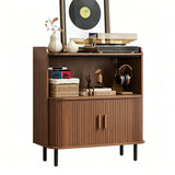 Walnut Record Player Stand with Vinyl Storage and Tambour Doors Image - 9