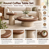 Walnut round coffee table set infographic highlighting natural stone and wood, rounded edges, sturdy bases and versatile living room styling