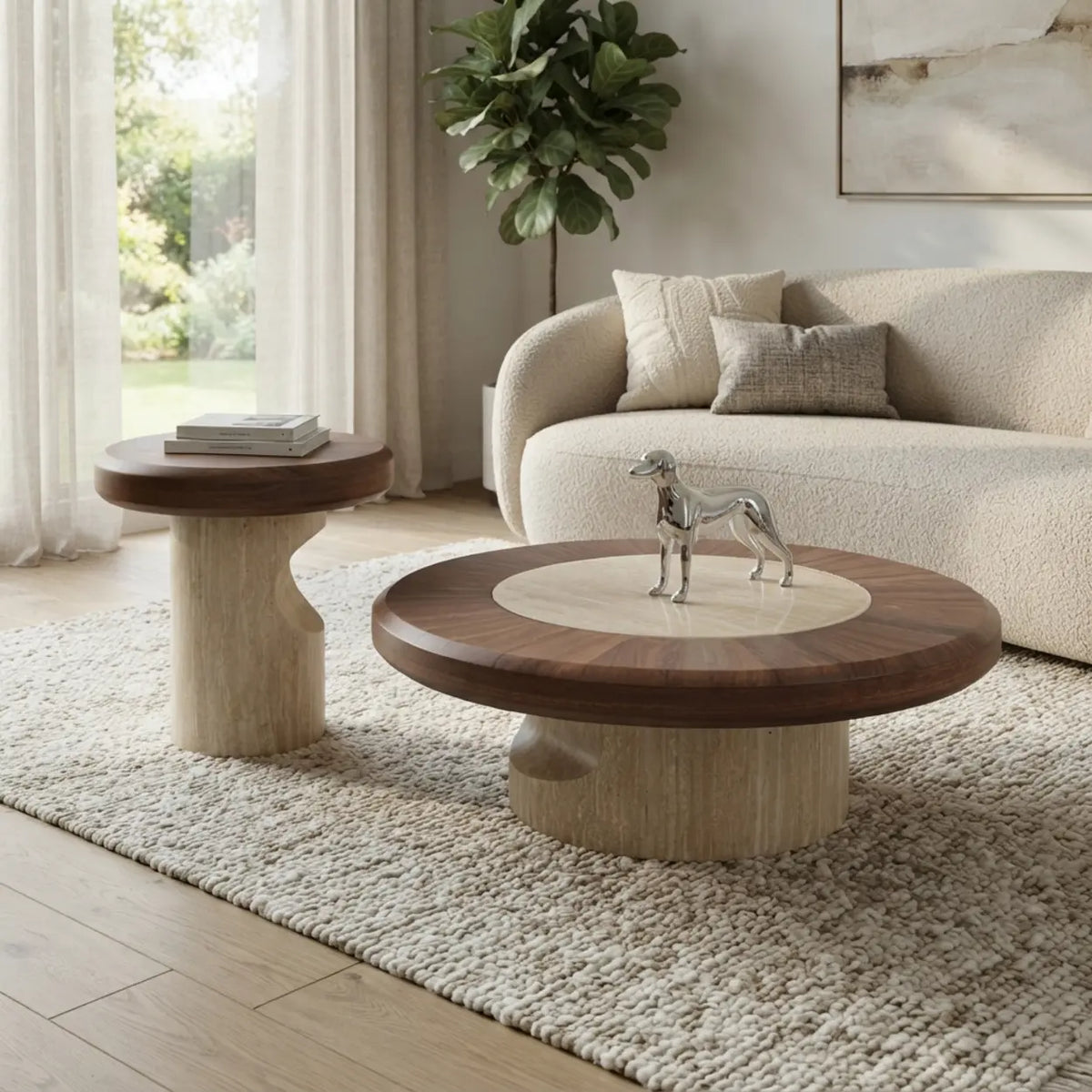 Walnut round coffee table set with large and small round tables, walnut wood-veneer tops, cream stone inlay and curved stone bases in a modern living room