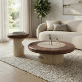 Walnut round coffee table set with large and small round tables, walnut wood-veneer tops, cream stone inlay and curved stone bases in a modern living room