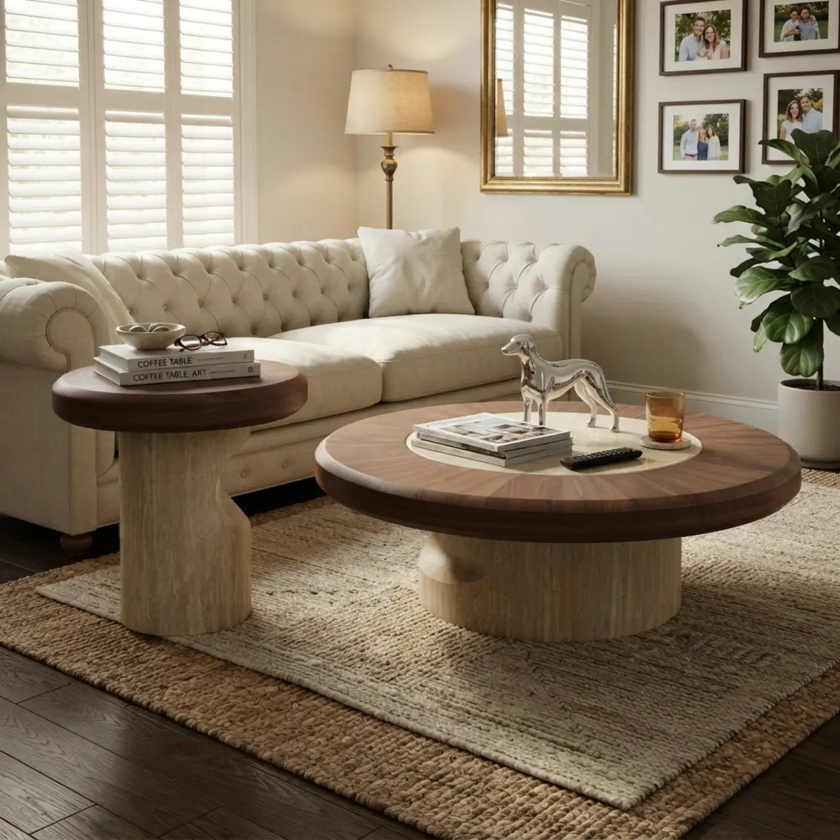 Walnut round coffee table set with two round tables, wood-grain tops and curved stone bases styled with books, a vase and decor in a classic living room