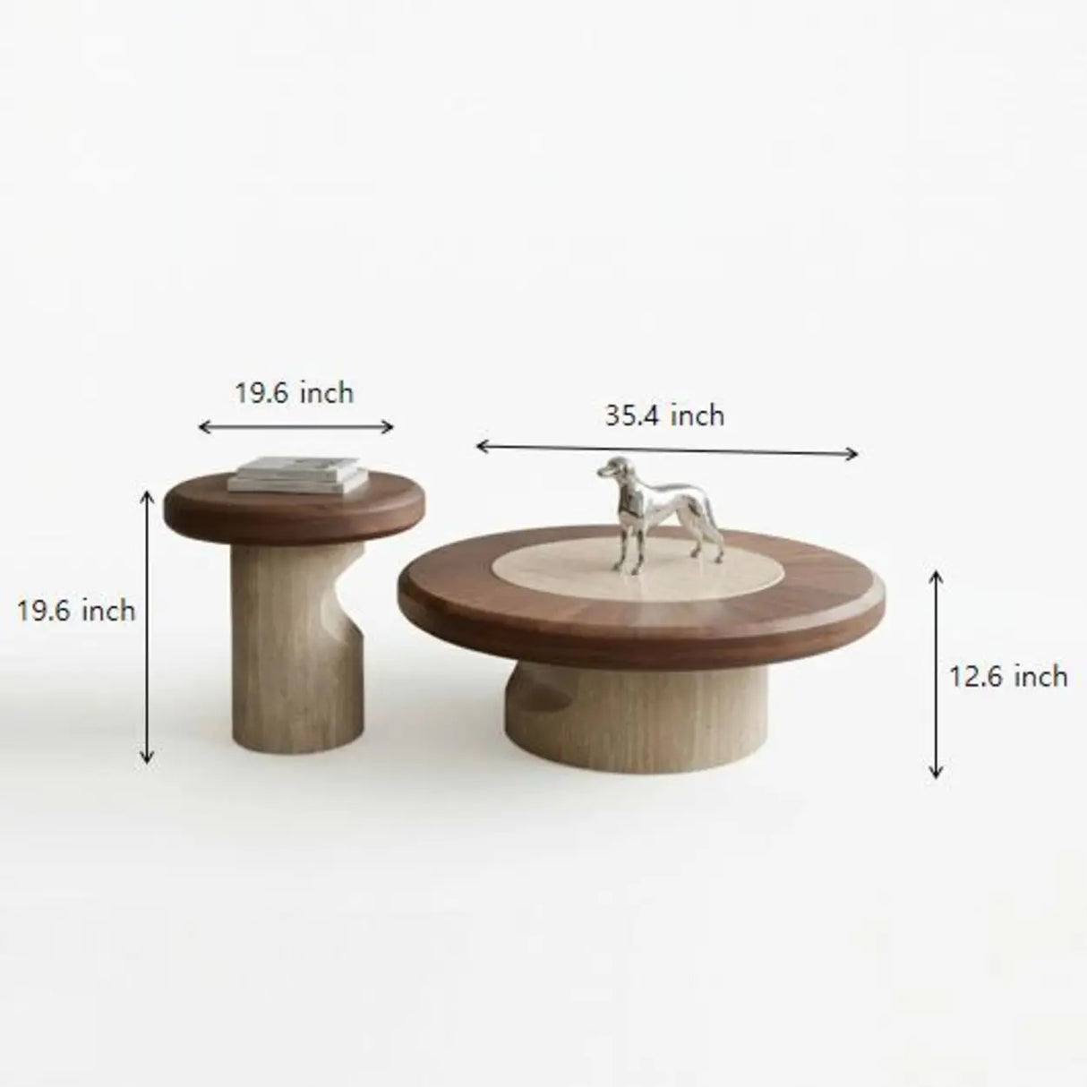 Walnut round coffee table set dimension diagram showing a 35.4 x 35.4 x 12.6 inch large table and 19.6 x 19.6 x 19.6 inch small table