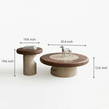 Walnut round coffee table set dimension diagram showing a 35.4 x 35.4 x 12.6 inch large table and 19.6 x 19.6 x 19.6 inch small table