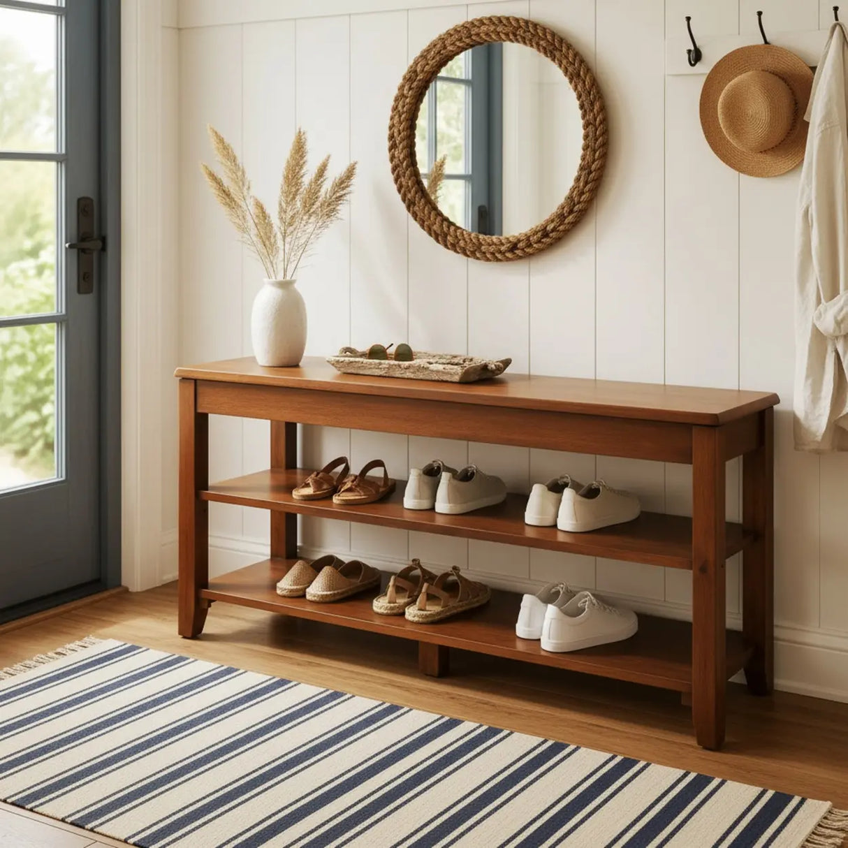 Walnut Rubber Wood Shoe Bench with Adjustable Shelves, 2 or 3 Tier Image - 2