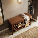 Walnut Rubber Wood Shoe Storage Bench with Adjustable Shelves Image - 1