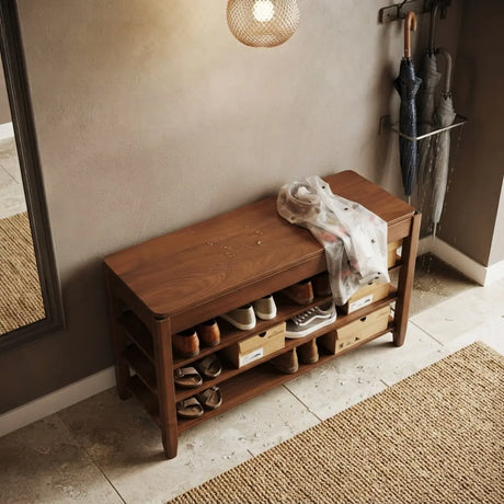 Walnut Rubber Wood Shoe Storage Bench with Adjustable Shelves Image - 1