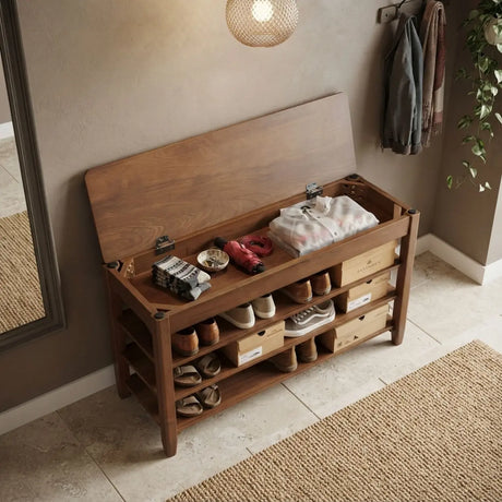 Walnut Rubber Wood Shoe Storage Bench with Adjustable Shelves Image - 2