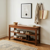 Walnut Rubber Wood Shoe Storage Bench with Adjustable Shelves Image - 6