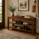 Walnut Rubber Wood Shoe Storage Bench with Adjustable Shelves Image - 8