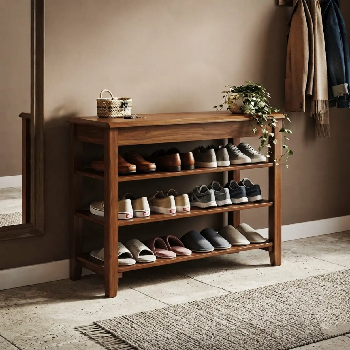 Walnut Rubber Wood Shoe Storage Bench with Adjustable Shelves Image - 9