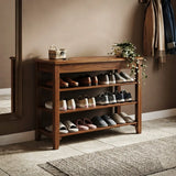 Walnut Rubber Wood Shoe Storage Bench with Adjustable Shelves Image - 9