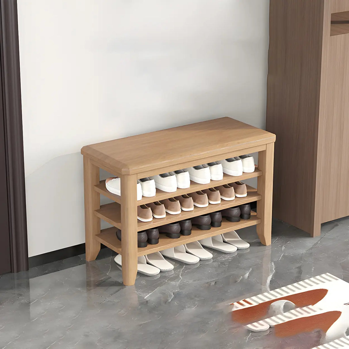 Walnut Rubberwood Entryway Bench with Shoe Storage Image - 3