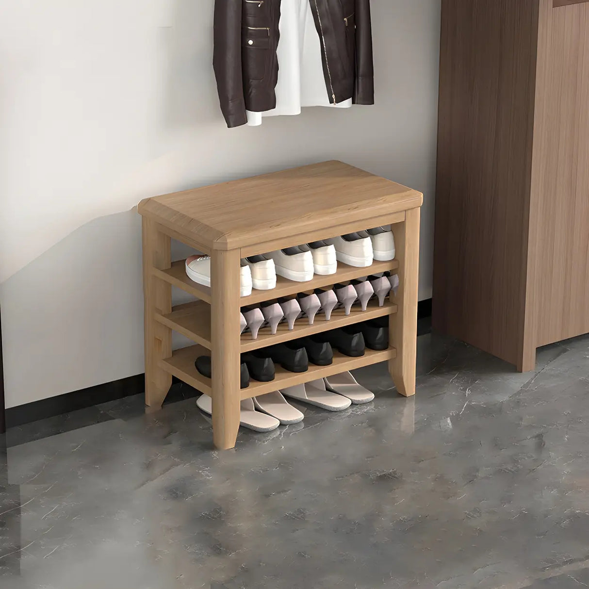 Walnut Rubberwood Entryway Bench with Shoe Storage Image - 7